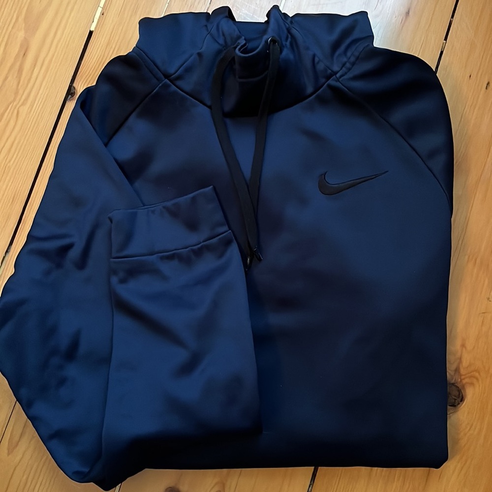 Nike dri-fit hoodie, deep navy, front pocket.